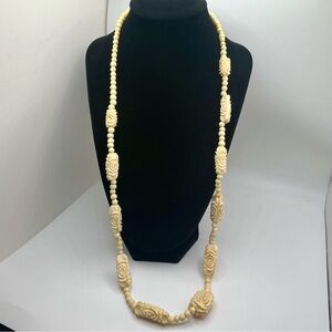vintage carved bone necklace cream floral rose beads long strand